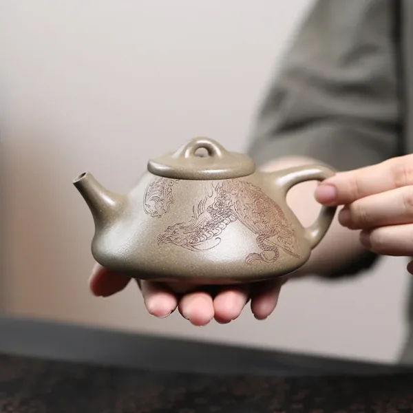 Handmade Yixing Purple Sand Ziye Shibiao Teapot Dragon Pattern(子冶石瓢壶) - Image 2